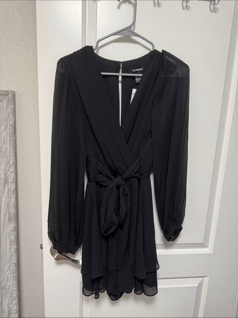 Express Black Long-Sleeve Tie-Waist Chiffon romper